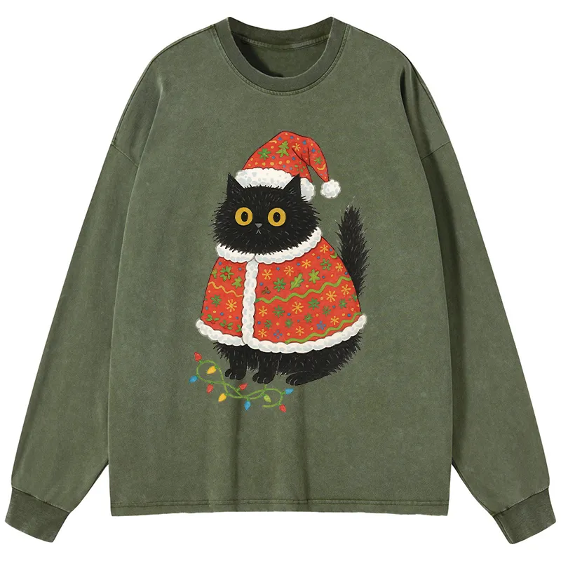 Tokyo-Tiger Cat Wearing Santa Hat Washed Long Sleeve T-Shirt