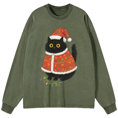 Tokyo-Tiger Cat Wearing Santa Hat Washed Long Sleeve T-Shirt