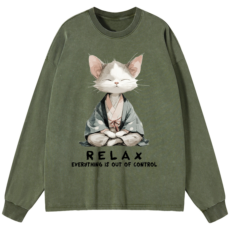 Tokyo-Tiger Zen Cat Relaxation，Everything's Out Of Control Washed Long Sleeve T-Shirt