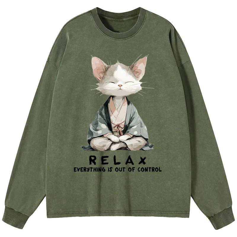 Tokyo-Tiger Zen Cat Relaxation，Everything's Out Of Control Washed Long Sleeve T-Shirt
