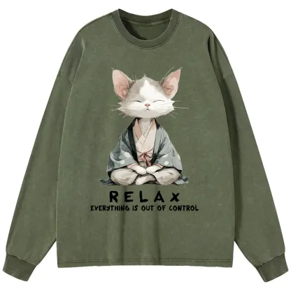 Tokyo-Tiger Zen Cat Relaxation，Everything's Out Of Control Washed Long Sleeve T-Shirt
