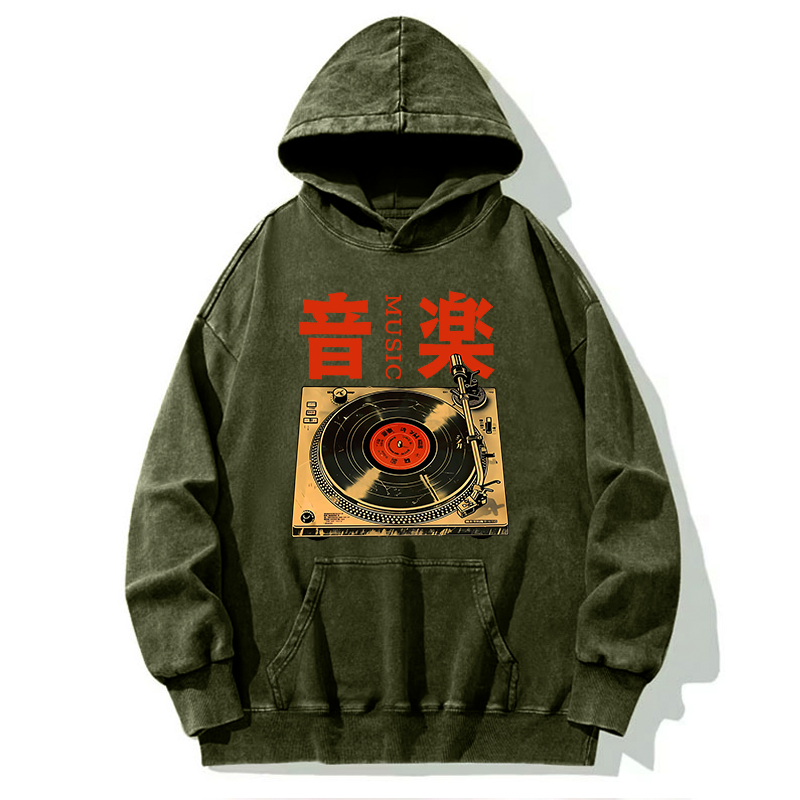 Tokyo-Tiger Retro Music Record Player Washed Hoodie