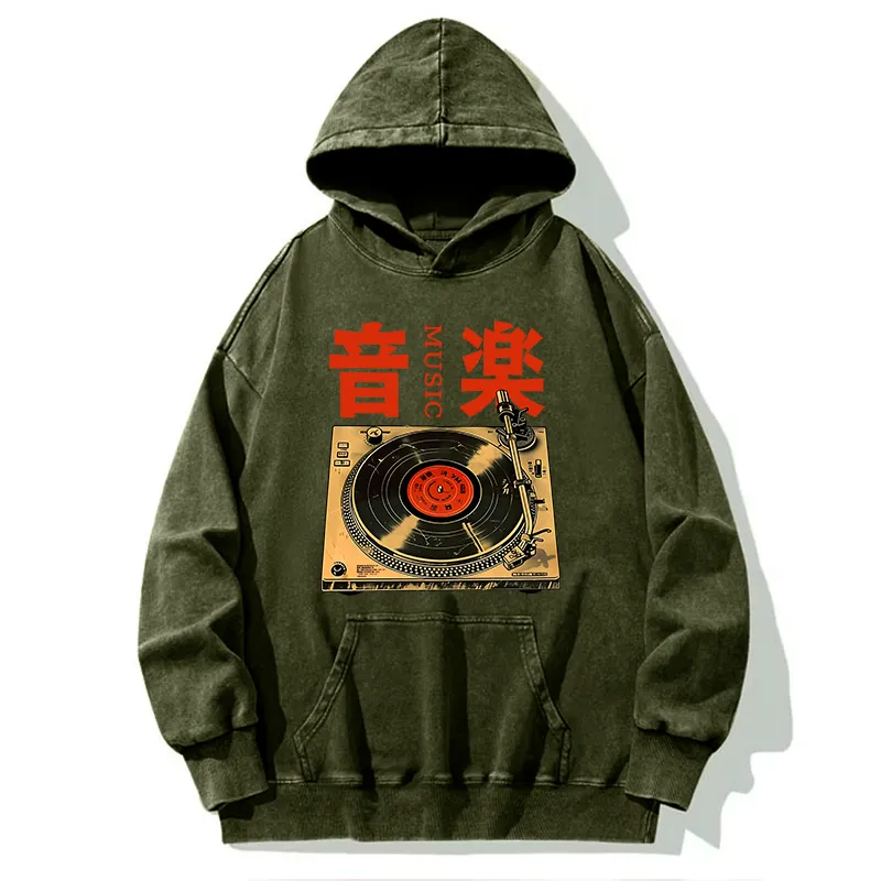 Tokyo-Tiger Retro Music Record Player Washed Hoodie
