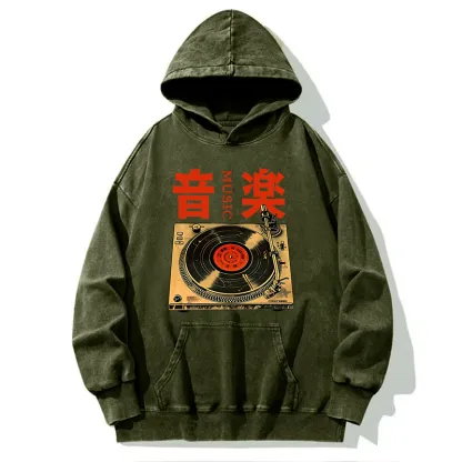 Tokyo-Tiger Retro Music Record Player Washed Hoodie