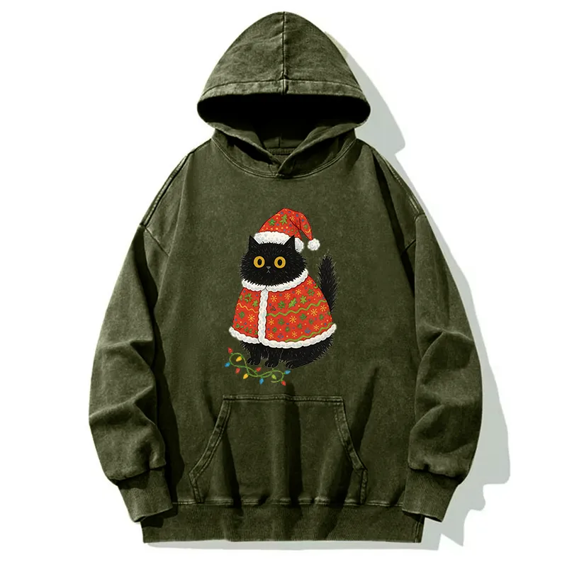 Tokyo-Tiger Cat Wearing Santa Hat Washed Hoodie