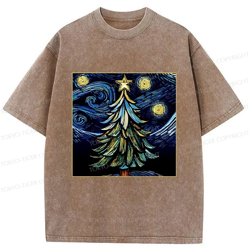 Tokyo-Tiger Christmas Tree Under The Starry Night Washed T-Shirt