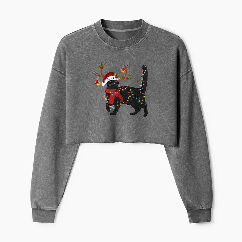Tokyo-Tiger Christmas Black Cat Washed Crop Sweatshirt