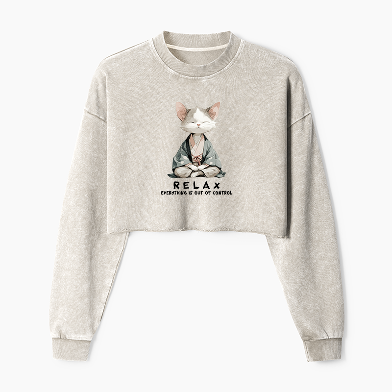 Tokyo-Tiger Zen Cat Relaxation，Everything's Out Of Control Washed Crop Sweatshirt