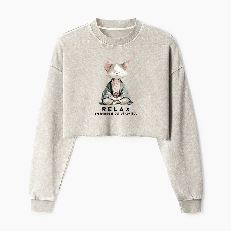 Tokyo-Tiger Zen Cat Relaxation，Everything's Out Of Control Washed Crop Sweatshirt