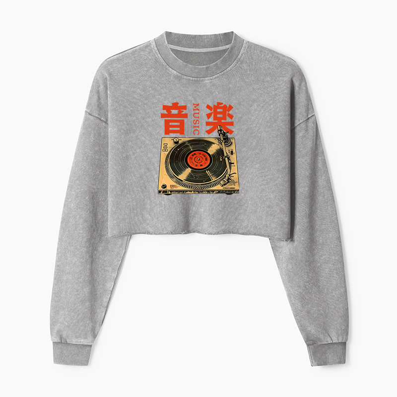 Tokyo-Tiger Retro Music Record Player Washed Crop Sweatshirt