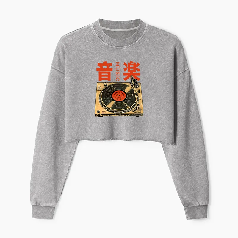 Tokyo-Tiger Retro Music Record Player Washed Crop Sweatshirt