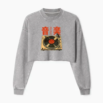 Tokyo-Tiger Retro Music Record Player Washed Crop Sweatshirt