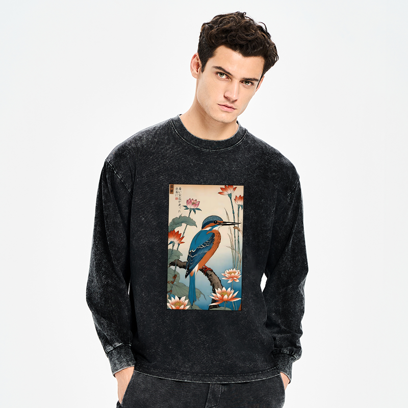 Tokyo-Tiger Ukiyo-e Kingfisher Washed Long Sleeve T-Shirt