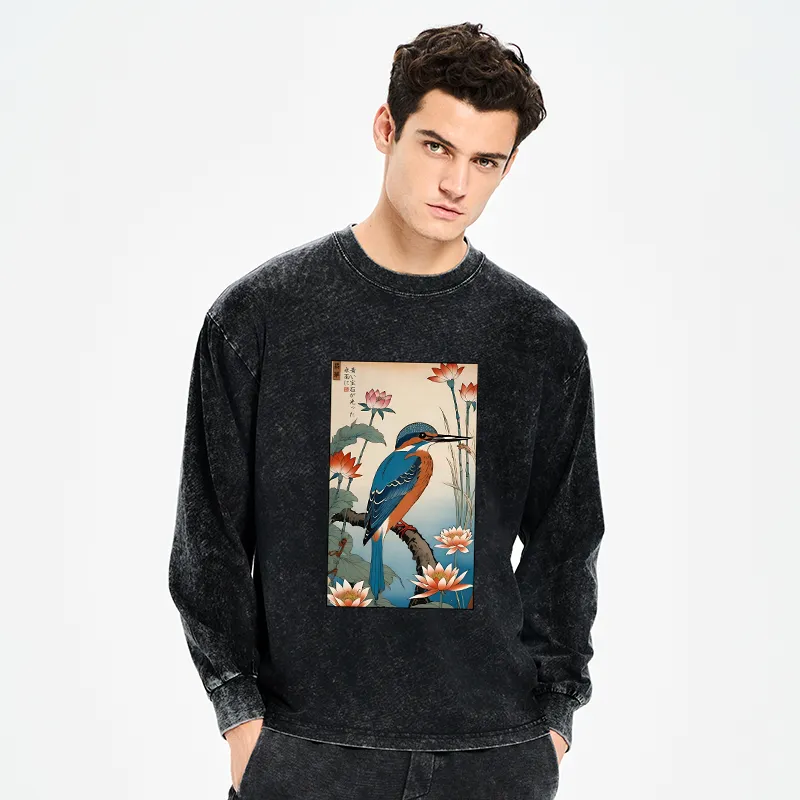Tokyo-Tiger Ukiyo-e Kingfisher Washed Long Sleeve T-Shirt