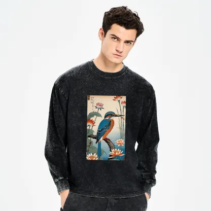 Tokyo-Tiger Ukiyo-e Kingfisher Washed Long Sleeve T-Shirt