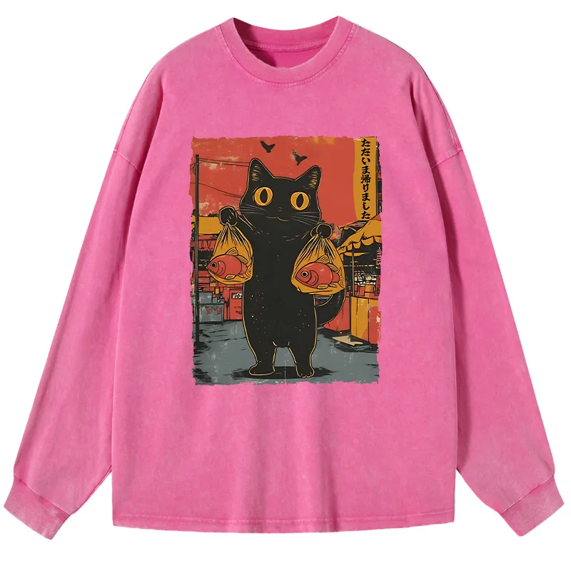 Tokyo-Tiger Cat Fishing Japanese Washed Long Sleeve T-Shirt