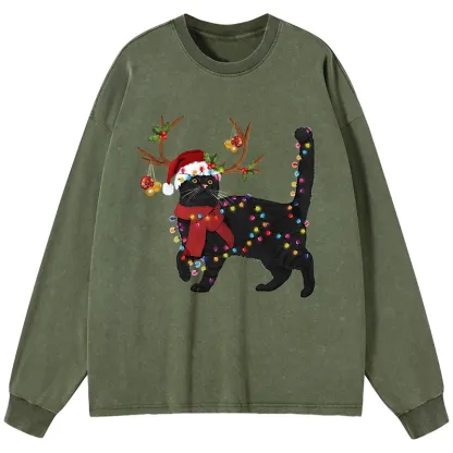 Tokyo-Tiger Christmas Black Cat Washed Long Sleeve T-Shirt