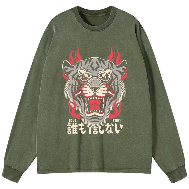 Tokyo-Tiger Retro Tiger Japanese Washed Long Sleeve T-Shirt