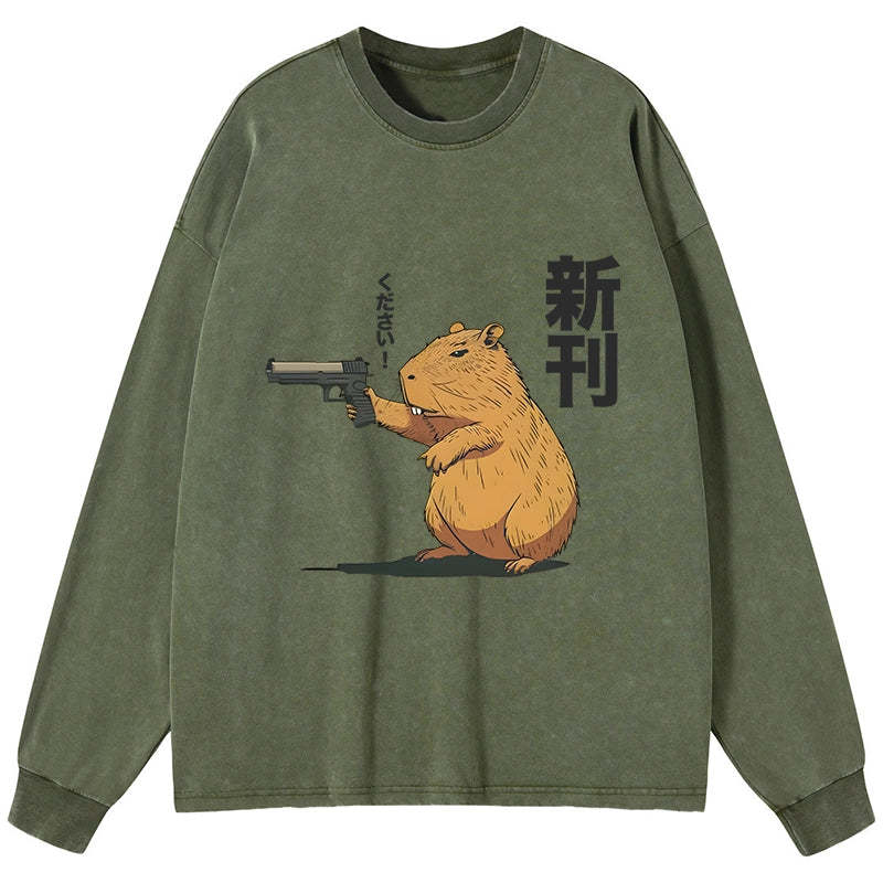Tokyo-Tiger Capybara Holding A Gun Washed Long Sleeve T-Shirt