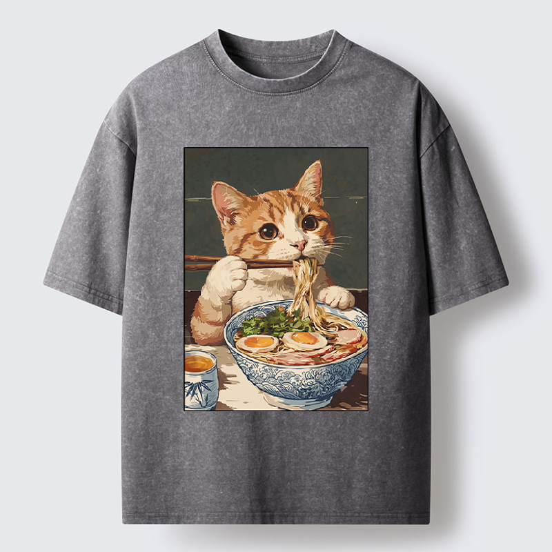 Tokyo-Tiger Cute Cat Eating Ramen Japanese Poster Washed T-Shirt