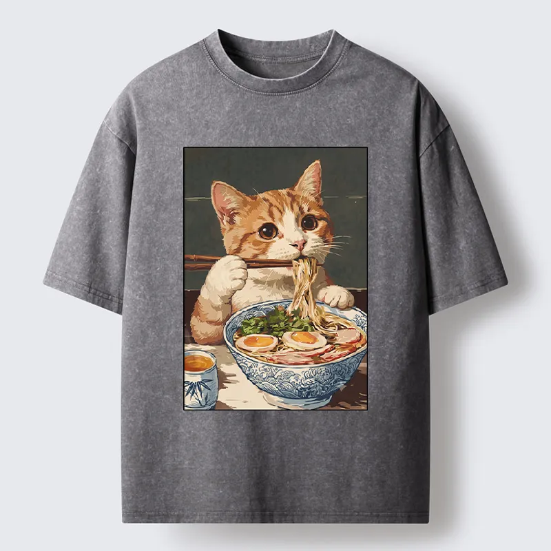 Tokyo-Tiger Cute Cat Eating Ramen Japanese Poster Washed T-Shirt