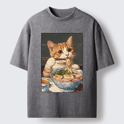 Tokyo-Tiger Cute Cat Eating Ramen Japanese Poster Washed T-Shirt