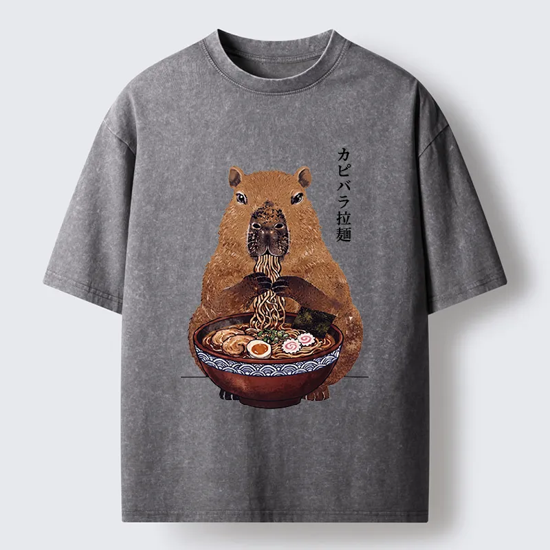 Tokyo-Tiger Japanese Retro Capybara Eating Ramen Washed T-Shirt