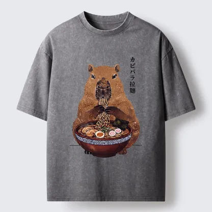 Tokyo-Tiger Japanese Retro Capybara Eating Ramen Washed T-Shirt