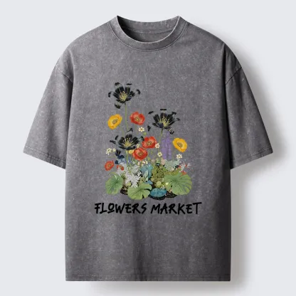 Tokyo-Tiger Beautiful Flowers Market Washed T-Shirt