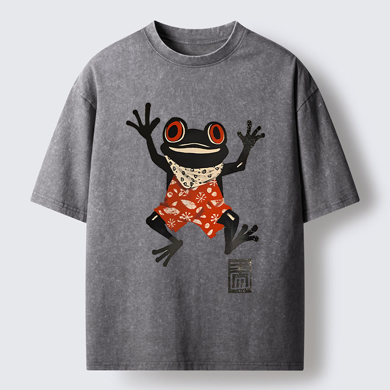 Tokyo-Tiger Japanese Happy Frog Ukiyoe Washed T-Shirt