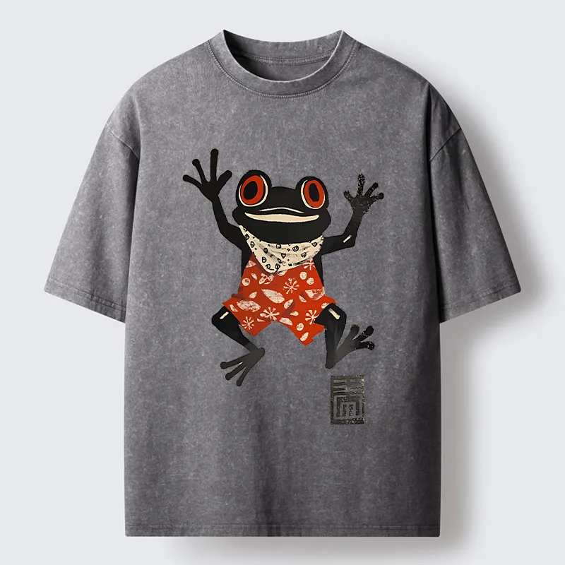 Tokyo-Tiger Japanese Happy Frog Ukiyoe Washed T-Shirt