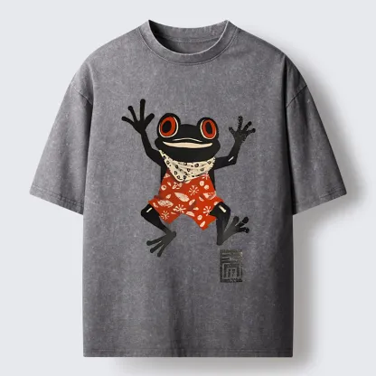 Tokyo-Tiger Japanese Happy Frog Ukiyoe Washed T-Shirt
