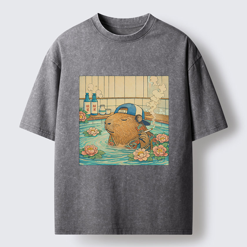 Tokyo-Tiger Capybara Enjoy Onsen Washed T-Shirt