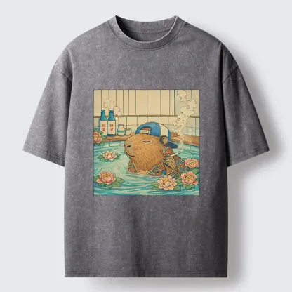 Tokyo-Tiger Capybara Enjoy Onsen Washed T-Shirt