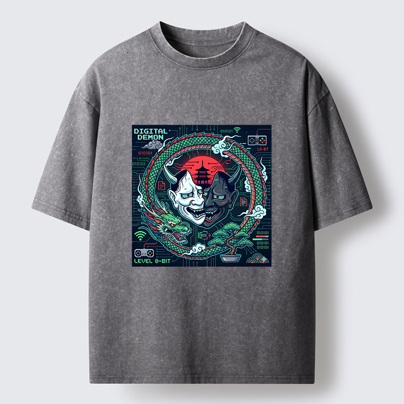 Tokyo-Tiger Japanese Oni Mask Hannya Game Washed T-Shirt