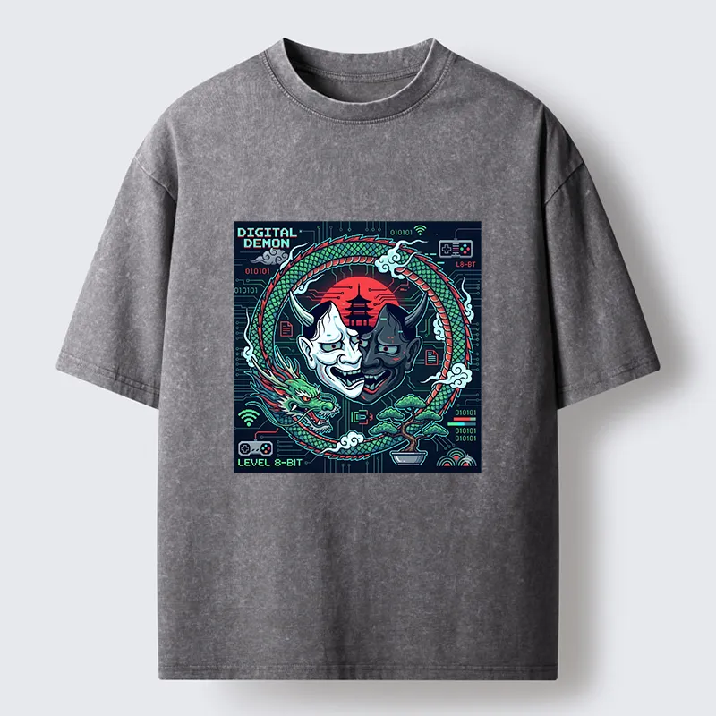 Tokyo-Tiger Japanese Oni Mask Hannya Game Washed T-Shirt