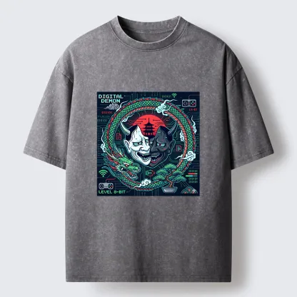 Tokyo-Tiger Japanese Oni Mask Hannya Game Washed T-Shirt