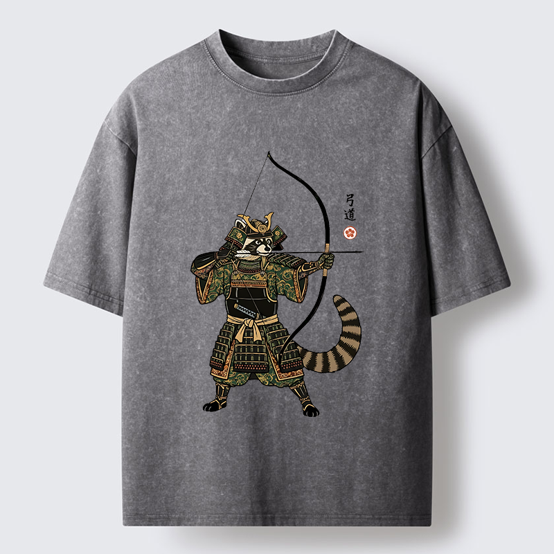 Tokyo-Tiger Kyudo Raccoon Samurai Washed T-Shirt