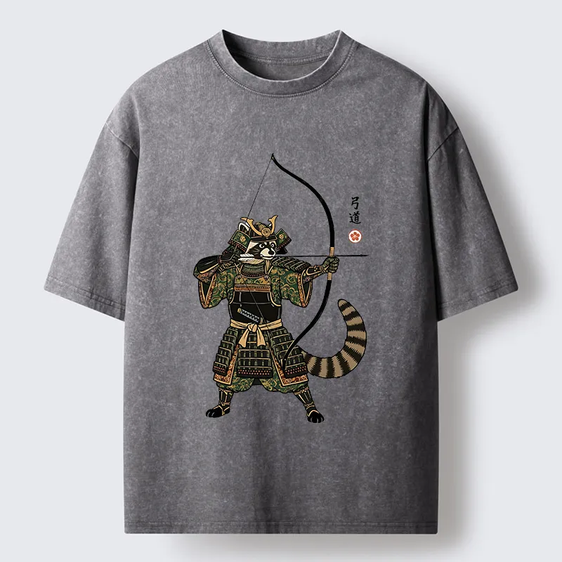 Tokyo-Tiger Kyudo Raccoon Samurai Washed T-Shirt