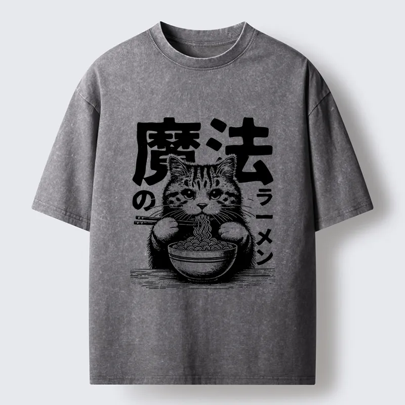 Tokyo-Tiger Cat Eating Magic Ramen Washed T-Shirt