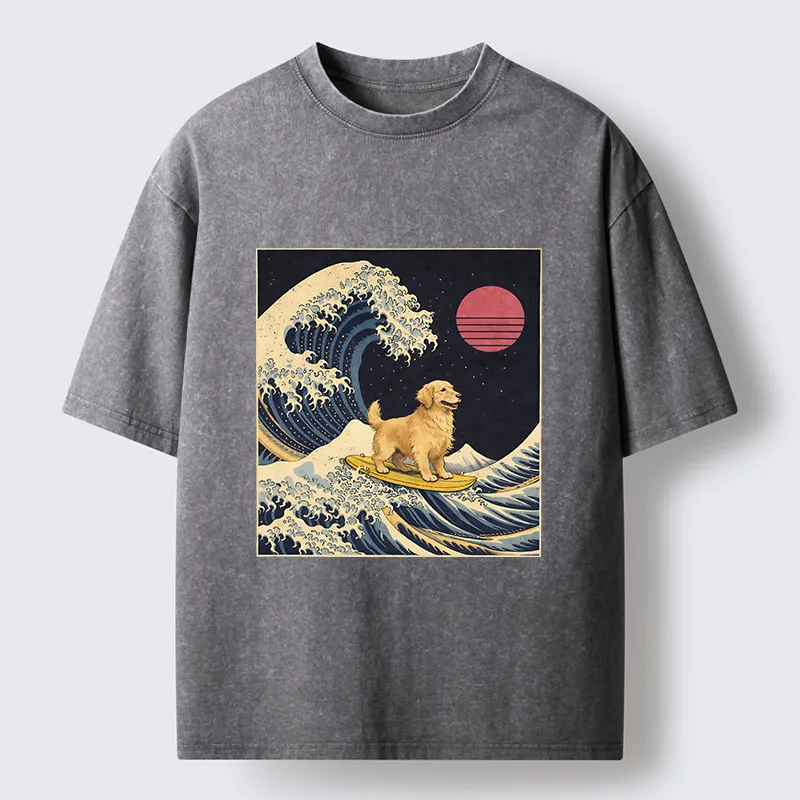 Tokyo-Tiger The Great Wave Dog Funny Washed T-Shirt