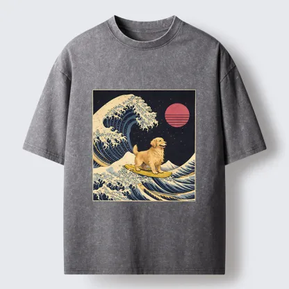 Tokyo-Tiger The Great Wave Dog Funny Washed T-Shirt