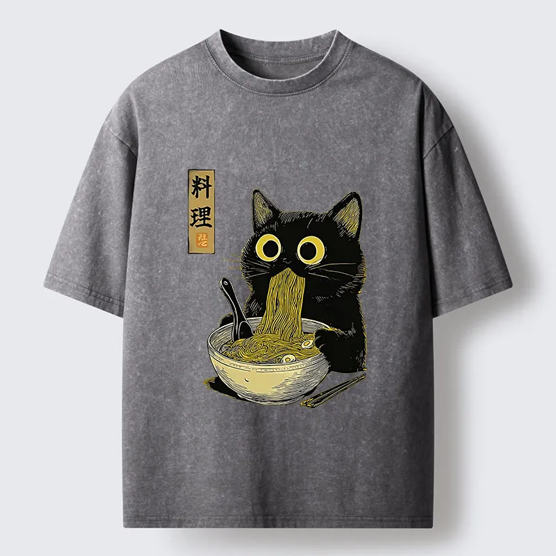 Tokyo-Tiger Japanese Black Cat Ramen Noodle Washed T-Shirt