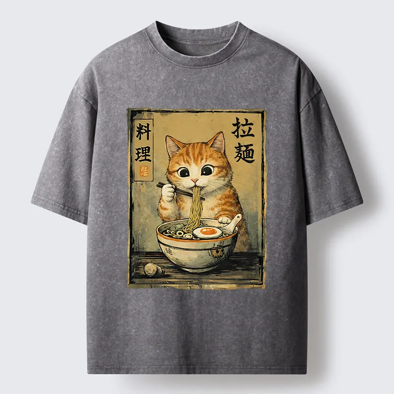Tokyo-Tiger Retro Ginger Cat Ramen Washed T-Shirt