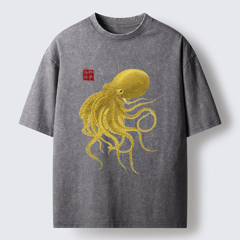 Tokyo-Tiger Woodblock Golden Octopus Washed T-Shirt