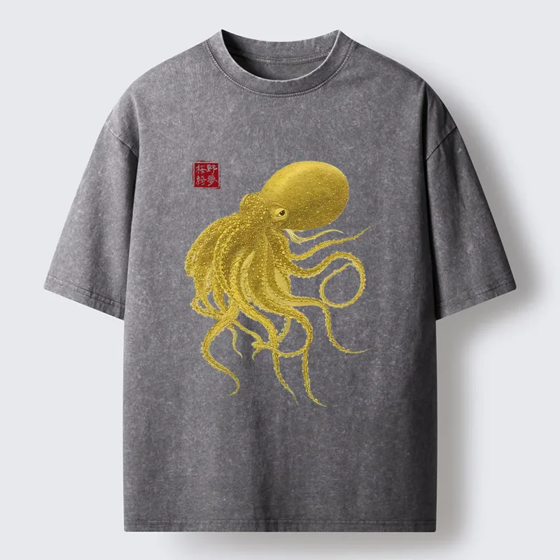 Tokyo-Tiger Woodblock Golden Octopus Washed T-Shirt
