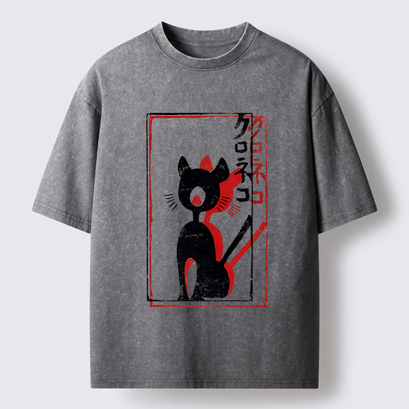 Tokyo-Tiger Japanese Retro Black Cat Poster Washed T-Shirt