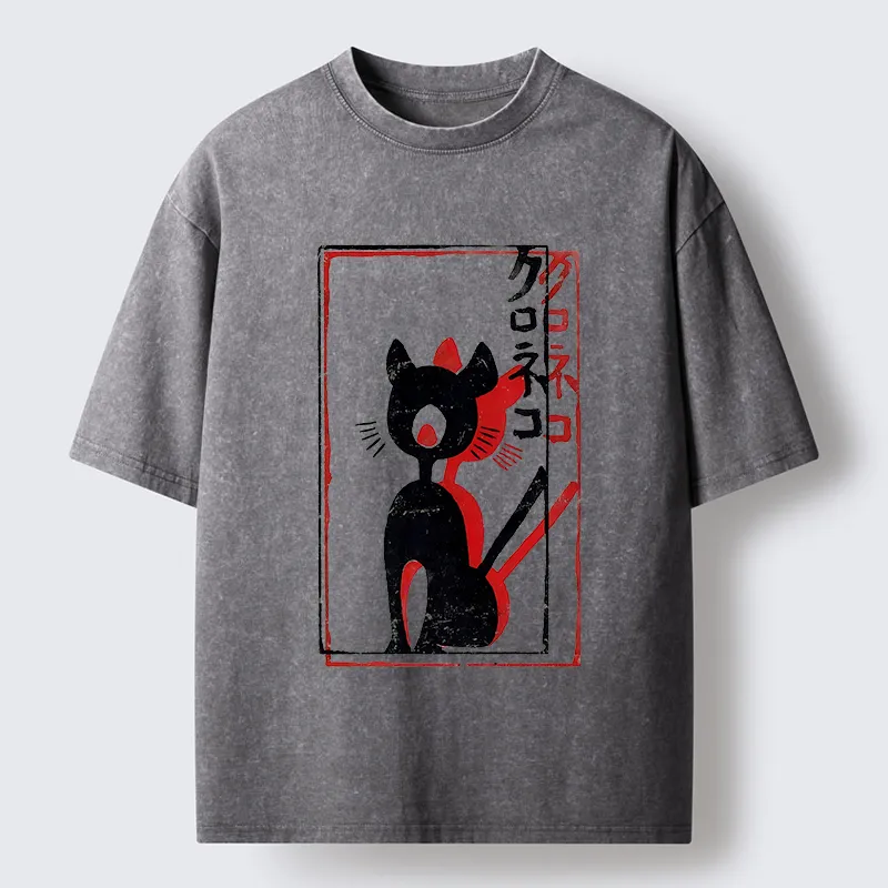 Tokyo-Tiger Japanese Retro Black Cat Poster Washed T-Shirt