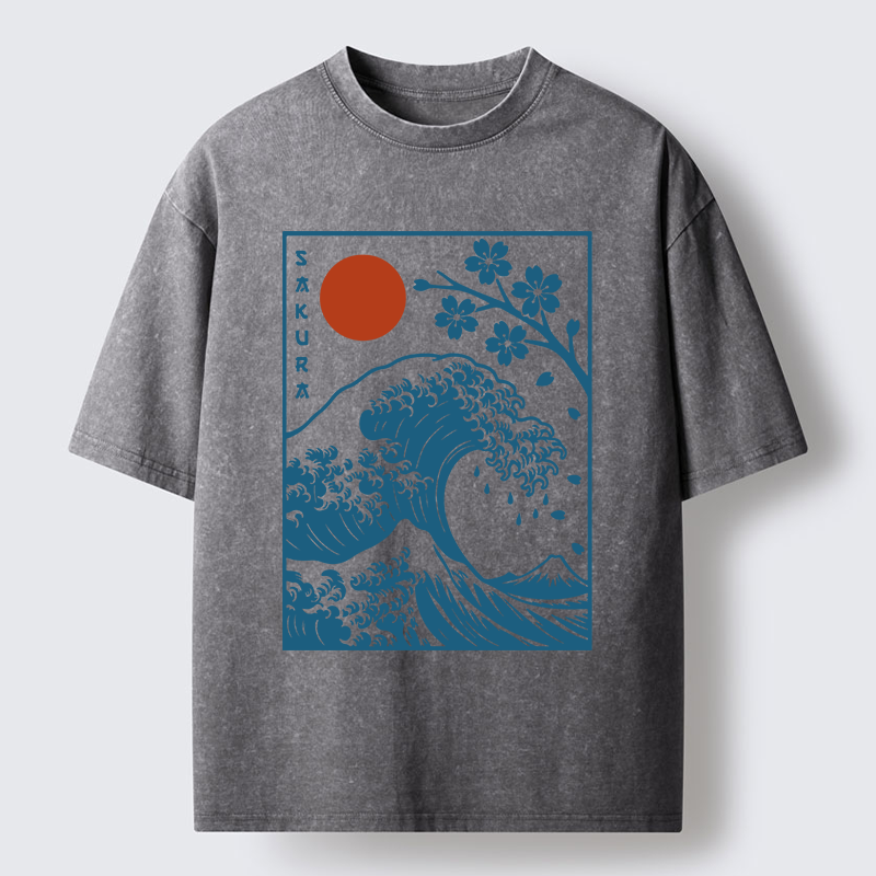 Tokyo-Tiger Japanese The Great Wave And Sakura Washed T-Shirt