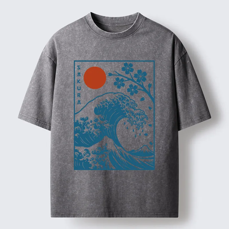 Tokyo-Tiger Japanese The Great Wave And Sakura Washed T-Shirt
